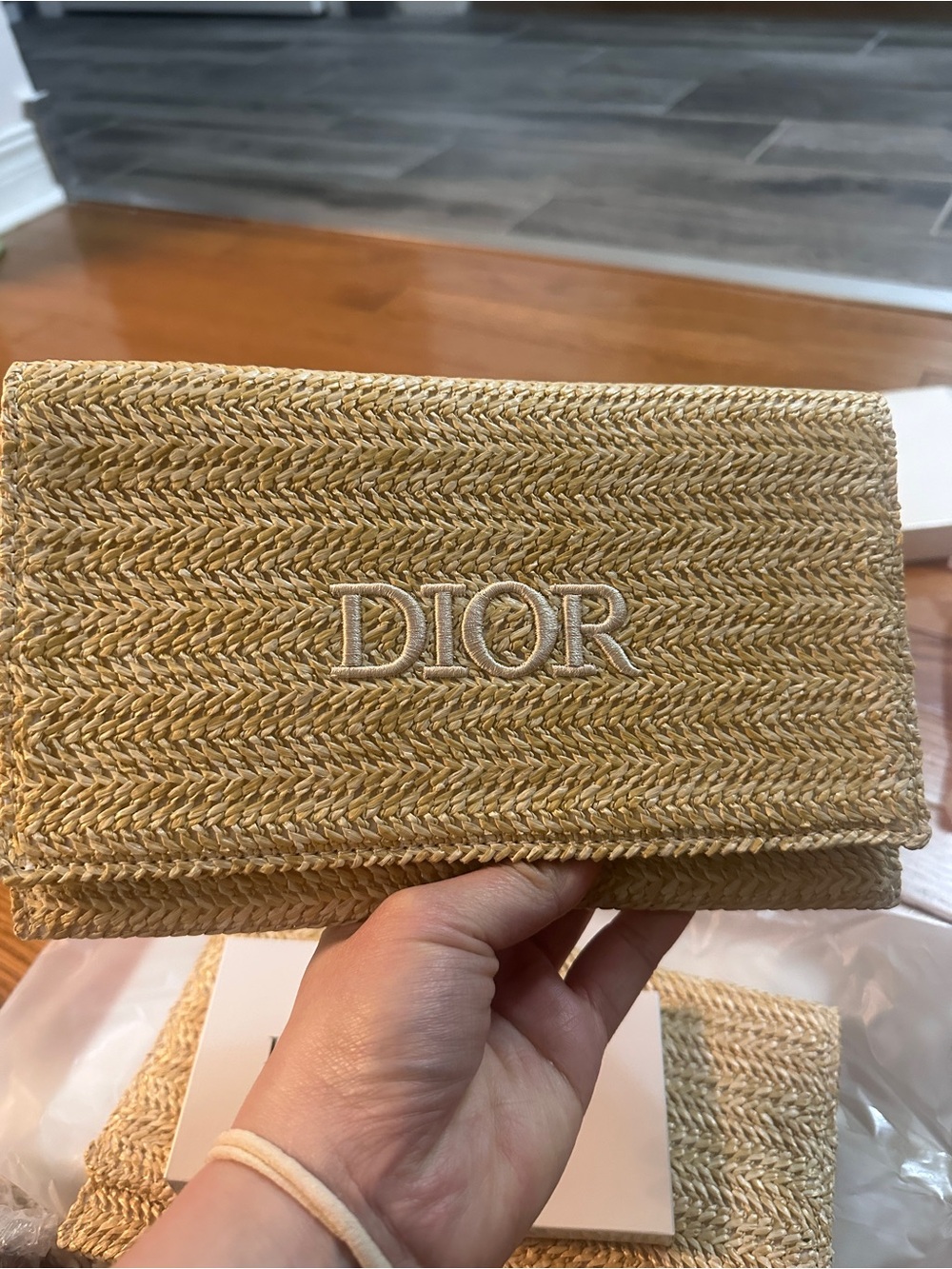 DIOR Natural Raffia Foldover Clutch- Beige